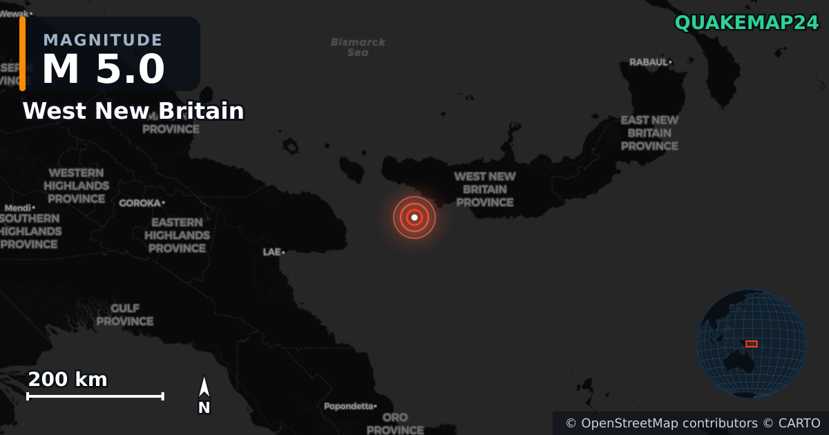 M5.0 earthquake near West New Britain on Jun 27, 2026 — map of epicenter and shaking intensity | QuakeMap24