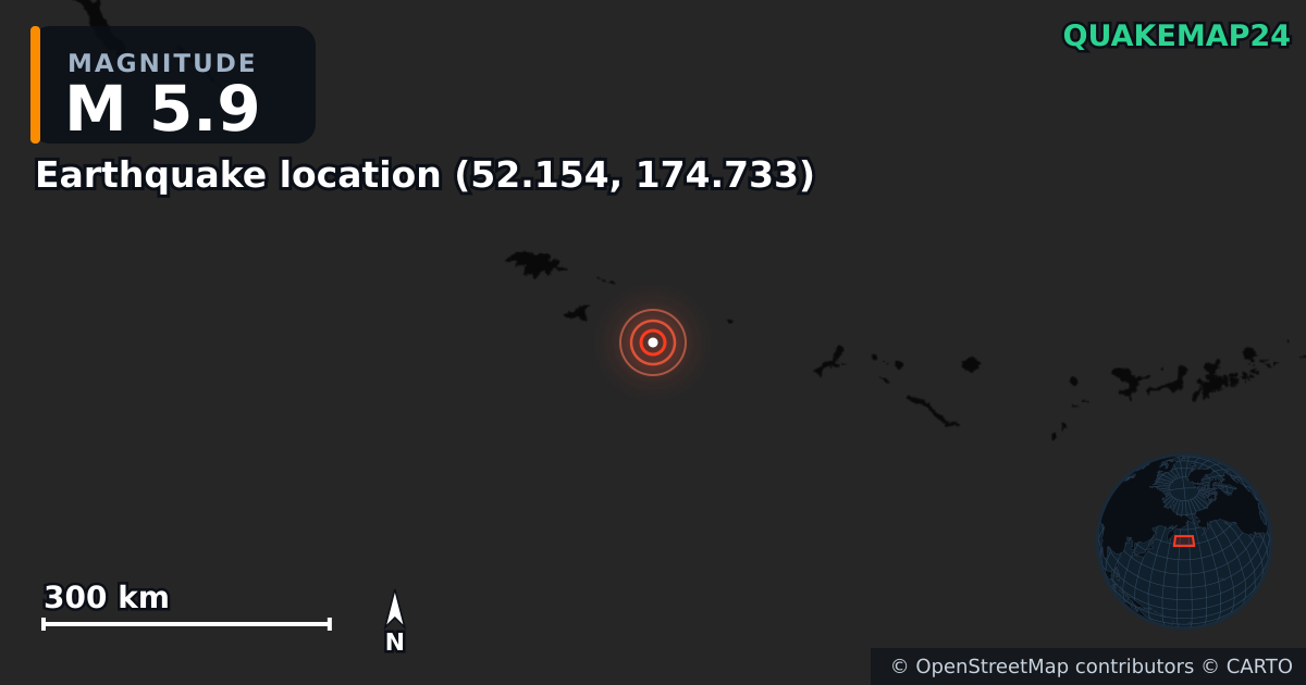 M5.9 earthquake near Deprem konumu (52.154, 174.733) on Mar 6, 2026 — map of epicenter and shaking intensity | QuakeMap24