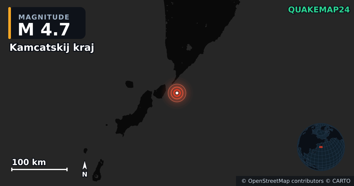 M4.7 earthquake near Kamcatskij kraj on Jun 17, 2025 — map of epicenter and shaking intensity | QuakeMap24