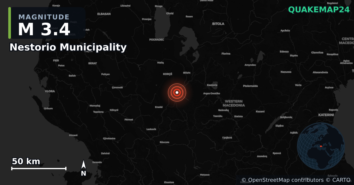 M3.4 earthquake near Nestorio Municipality on Apr 18, 2026 — map of epicenter and shaking intensity | QuakeMap24