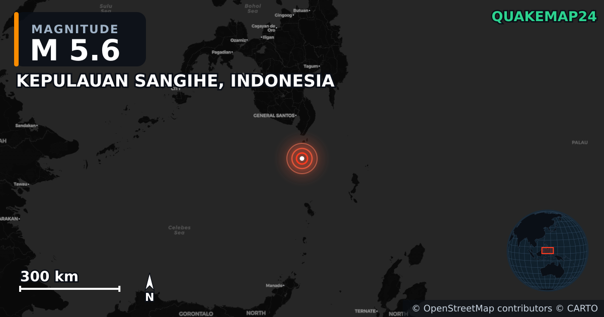 M5.6 earthquake near KEPULAUAN SANGIHE, INDONESIA on Jun 8, 2026 — map of epicenter and shaking intensity | QuakeMap24
