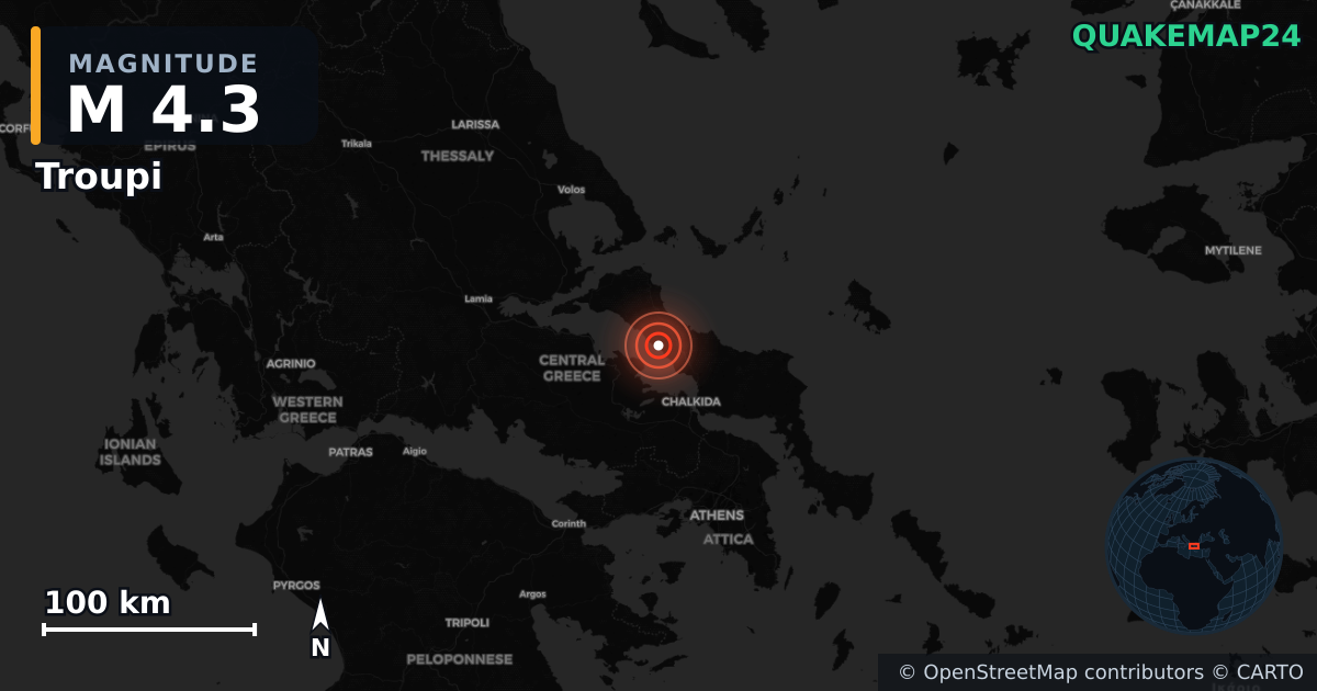 M4.3 earthquake near Troupi on Jun 7, 2026 — map of epicenter and shaking intensity | QuakeMap24
