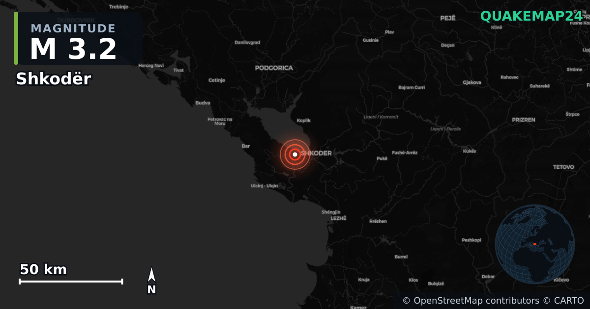 M3.2 earthquake near Shkodër on Nov 7, 2025 — map of epicenter and shaking intensity | QuakeMap24