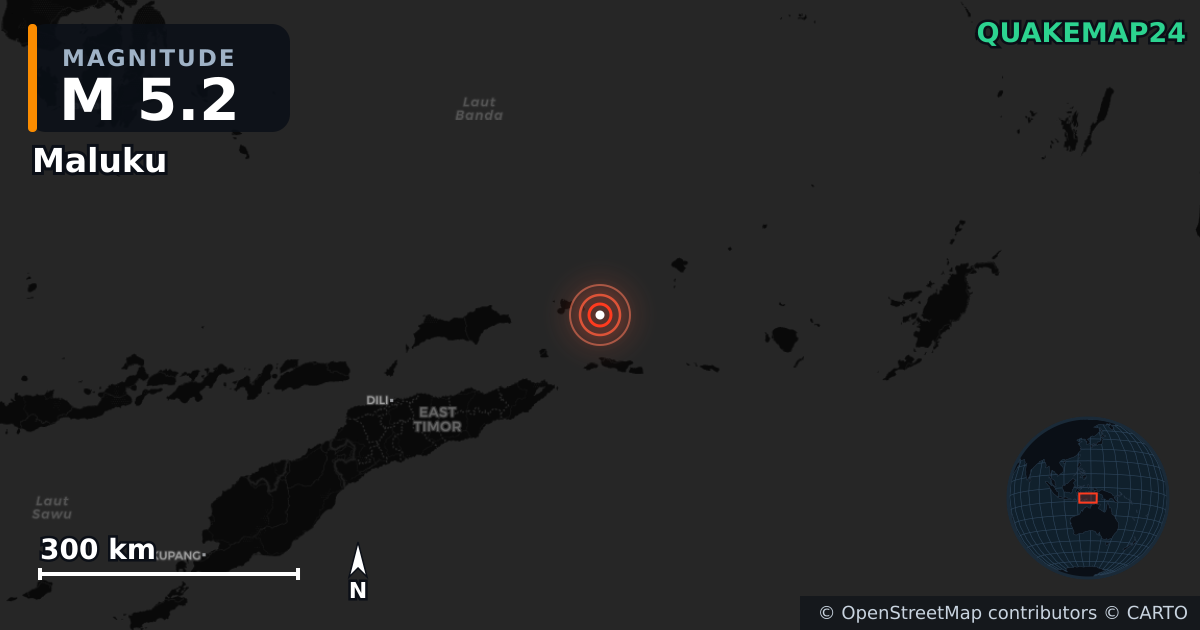 M5.2 earthquake near Maluku on Nov 2, 2025 — map of epicenter and shaking intensity | QuakeMap24