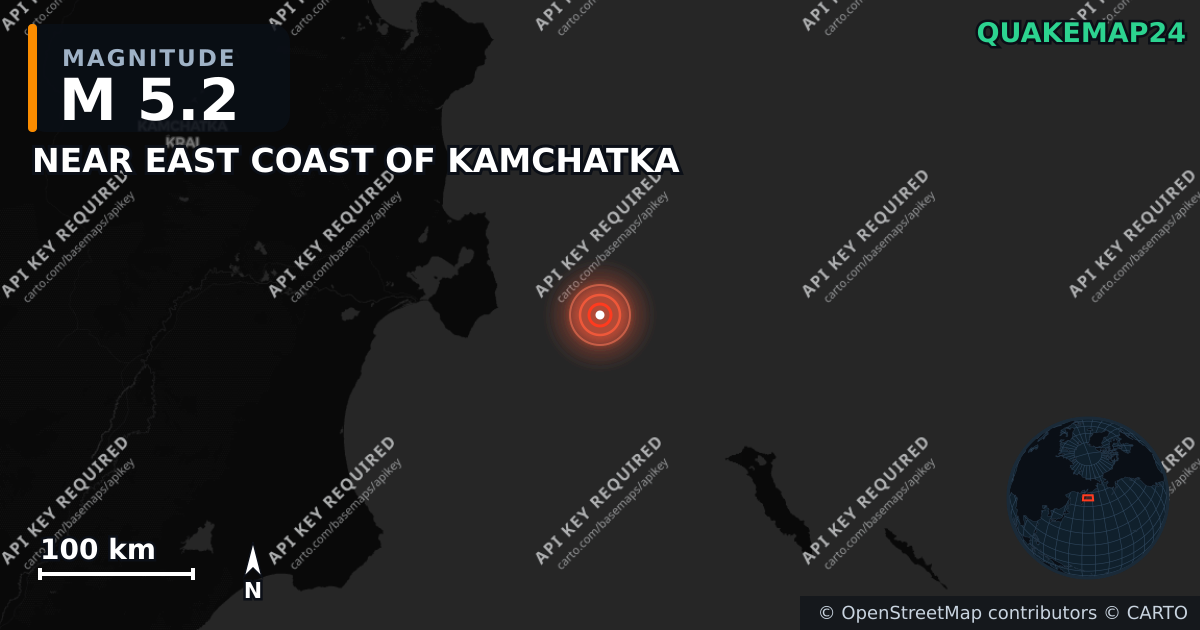 M5.2 earthquake near NEAR EAST COAST OF KAMCHATKA on Jan 16, 2026 — map of epicenter and shaking intensity | QuakeMap24
