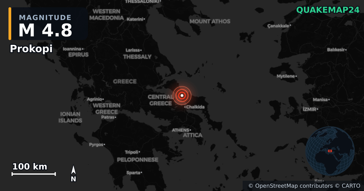 M4.8 earthquake near Prokopi on Jun 7, 2026 — map of epicenter and shaking intensity | QuakeMap24