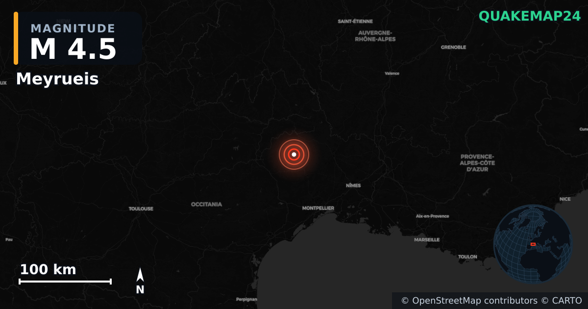 M4.5 earthquake near Meyrueis on Aug 10, 2026 — map of epicenter and shaking intensity | QuakeMap24