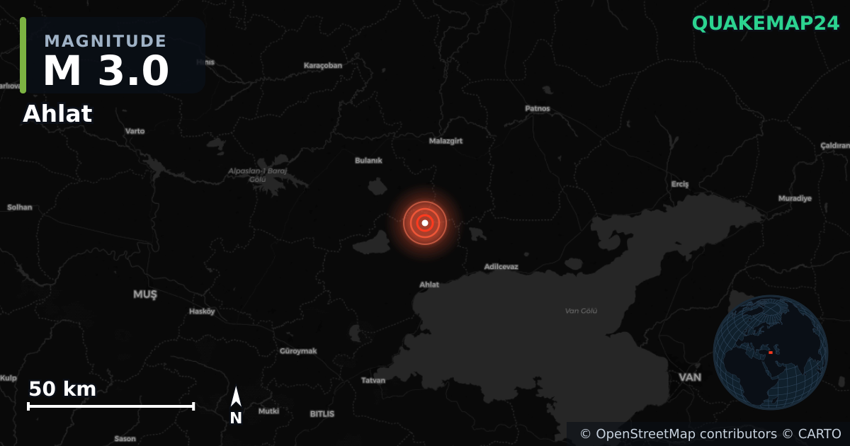 M3.0 earthquake near Ahlat on Oct 14, 2025 — map of epicenter and shaking intensity | QuakeMap24