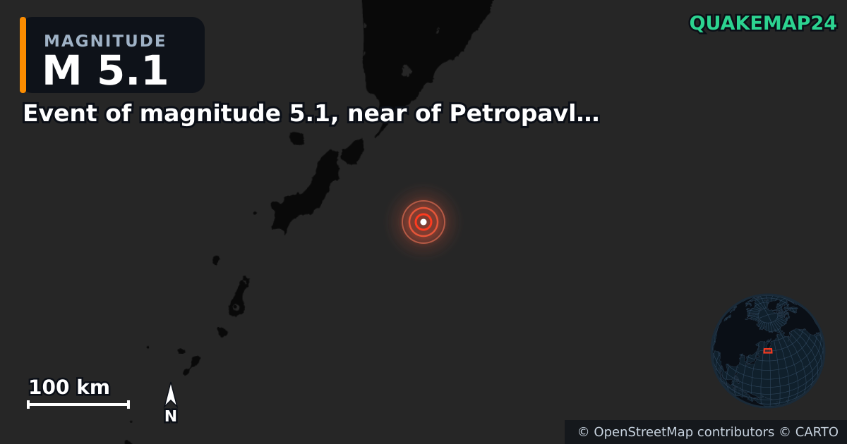 M5.1 earthquake near Event of magnitude 5.1, near of Petropavlovsk Kamchatskiy (Monde) on Oct 17, 2025 — map of epicenter and shaking intensity | QuakeMap24