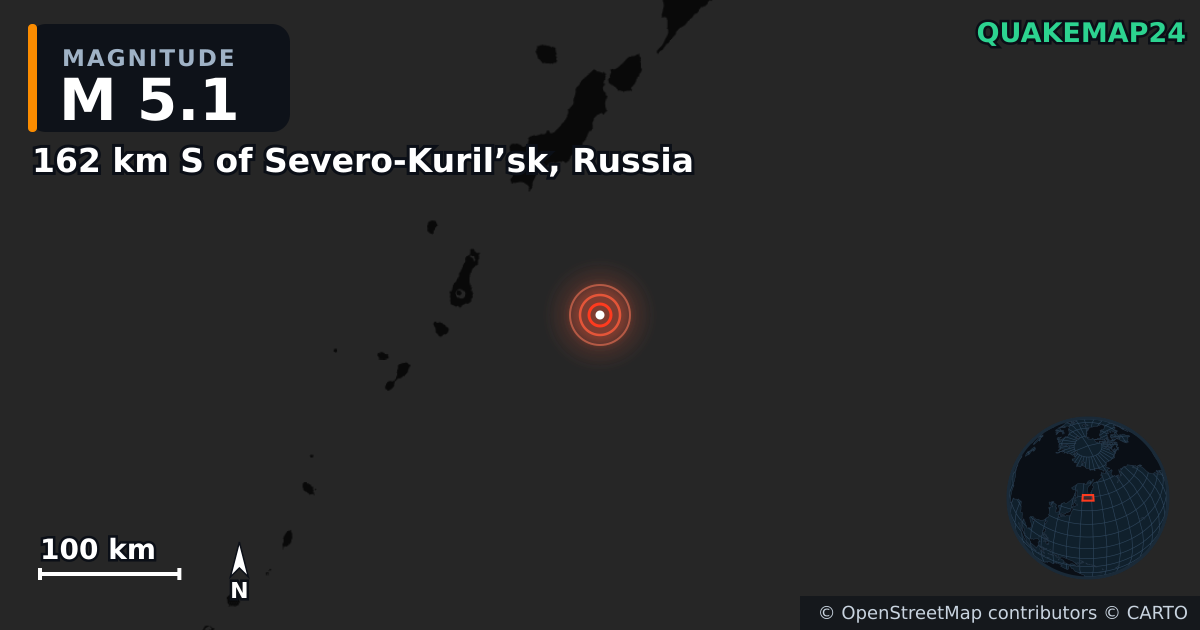 162 km S of Severo-Kuril’sk, Russia yakınında M5,1 deprem — Deprem merkez üssünün konumunu gösteren harita