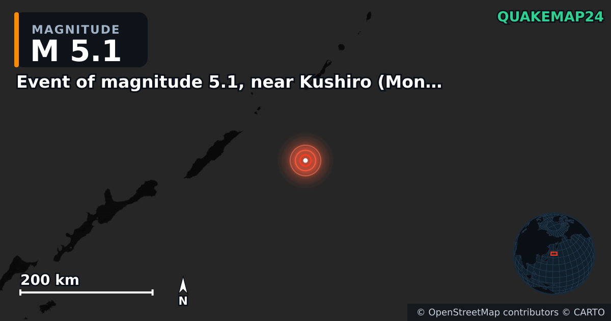 M5.1 earthquake near Event of magnitude 5.1, near Kushiro (Monde) on Apr 18, 2026 — map of epicenter and shaking intensity | QuakeMap24