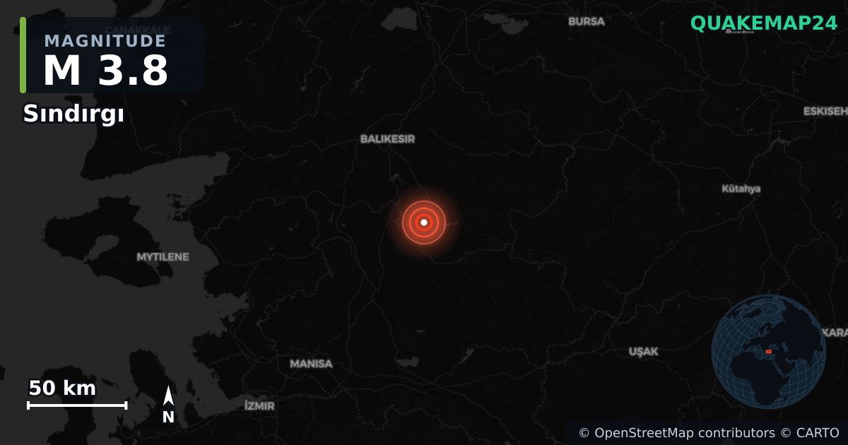 M3.8 earthquake near Sındırgı on Aug 31, 2025 — map of epicenter and shaking intensity | QuakeMap24