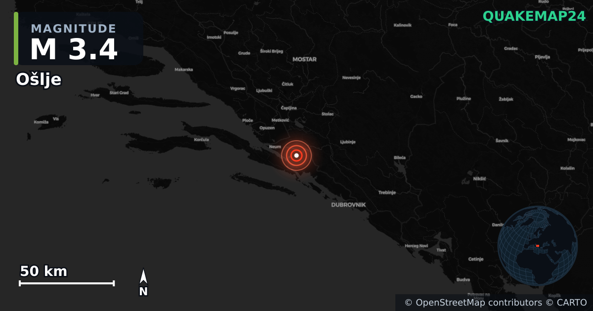 M3.4 earthquake near Ošlje on May 19, 2025 — map of epicenter and shaking intensity | QuakeMap24