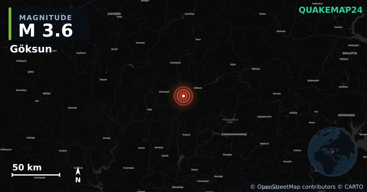 M3.6 earthquake near Göksun on Nov 11, 2025 — map of epicenter and shaking intensity | QuakeMap24