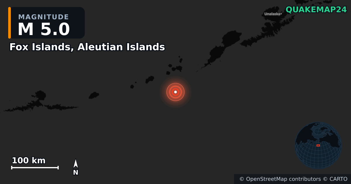 M5.0 earthquake near Fox Islands, Aleutian Islands on Sep 6, 2025 — map of epicenter and shaking intensity | QuakeMap24