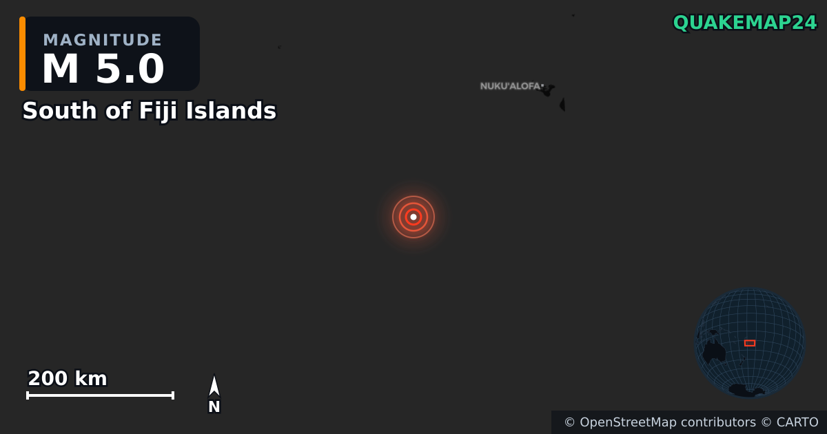 M5.0 earthquake near South of Fiji Islands on May 24, 2026 — map of epicenter and shaking intensity | QuakeMap24