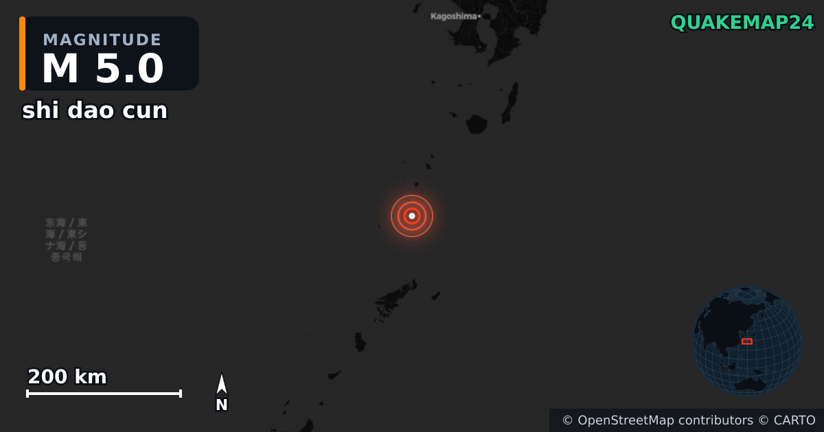M5.0 earthquake near shi dao cun on Jul 13, 2025 — map of epicenter and shaking intensity | QuakeMap24