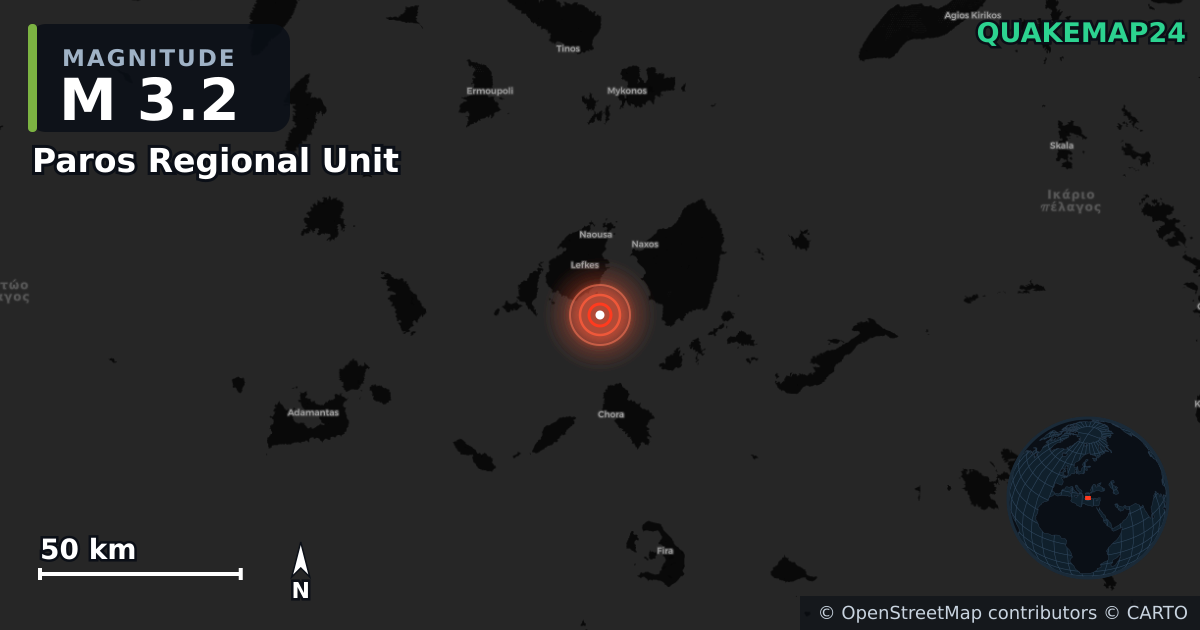 M3.2 earthquake near Paros Regional Unit on Aug 18, 2026 — map of epicenter and shaking intensity | QuakeMap24