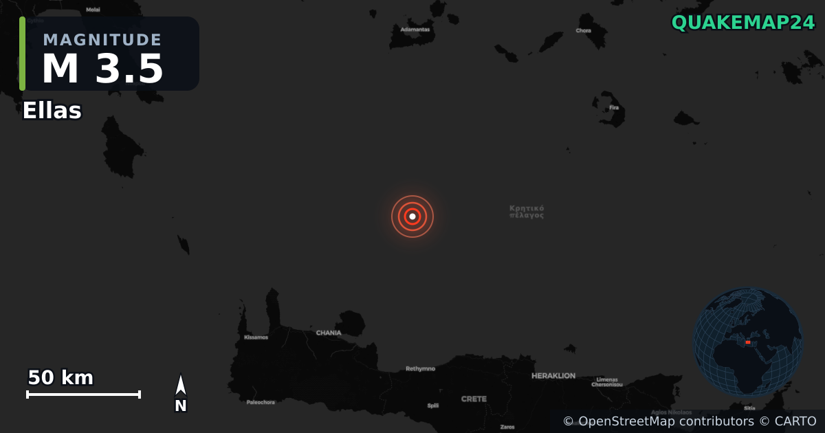 M3.5 earthquake near Ellas on Nov 9, 2025 — map of epicenter and shaking intensity | QuakeMap24