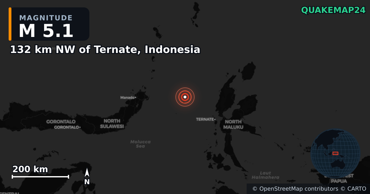 Σεισμός M5,1 κοντά στο 132 km NW of Ternate, Indonesia — Χάρτης της θέσης του επικέντρου