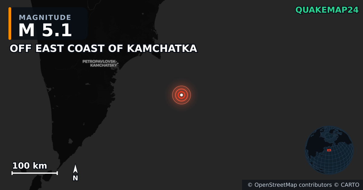 M5.1 earthquake near OFF EAST COAST OF KAMCHATKA on Jul 30, 2025 — map of epicenter and shaking intensity | QuakeMap24