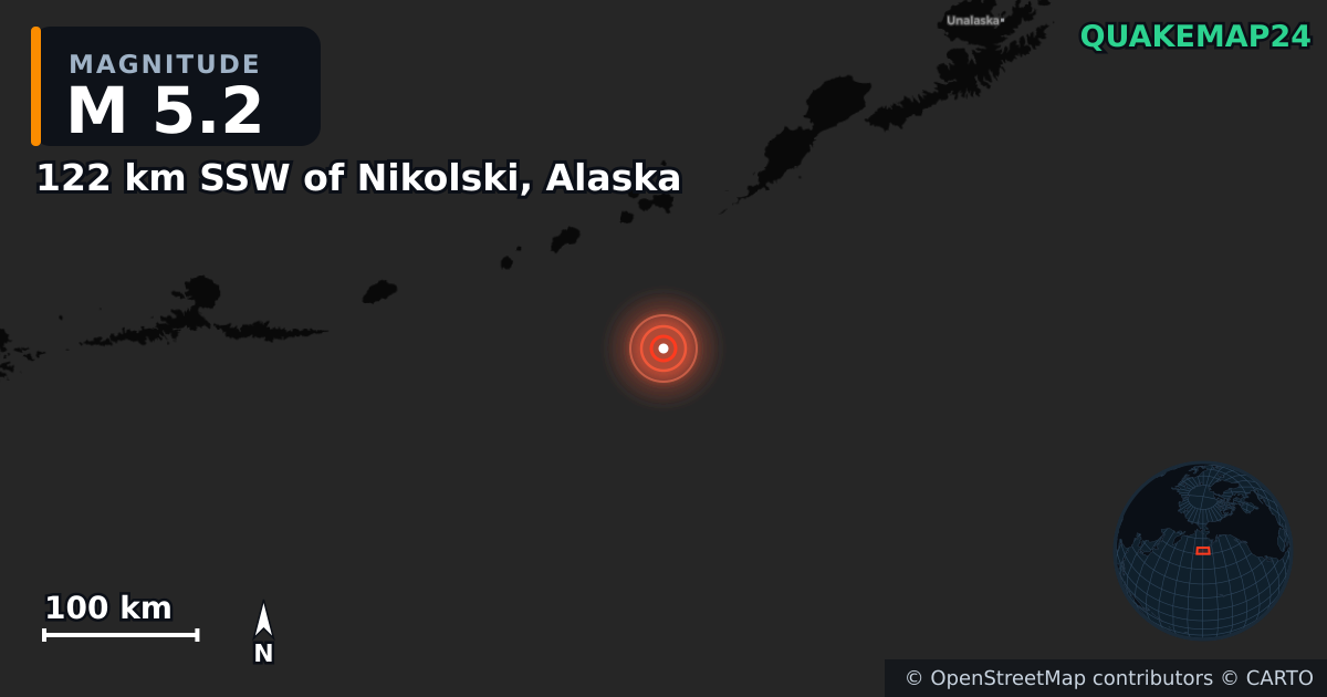 M5.2 earthquake near 122 km SSW of Nikolski, Alaska on Sep 16, 2025 — map of epicenter and shaking intensity | QuakeMap24