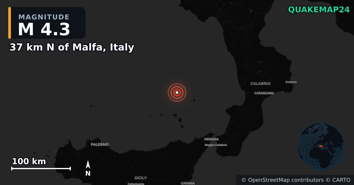 Sismo de M4,3 perto de 37 km N of Malfa, Italy · 2026-09-19 — Mapa da localização do epicentro