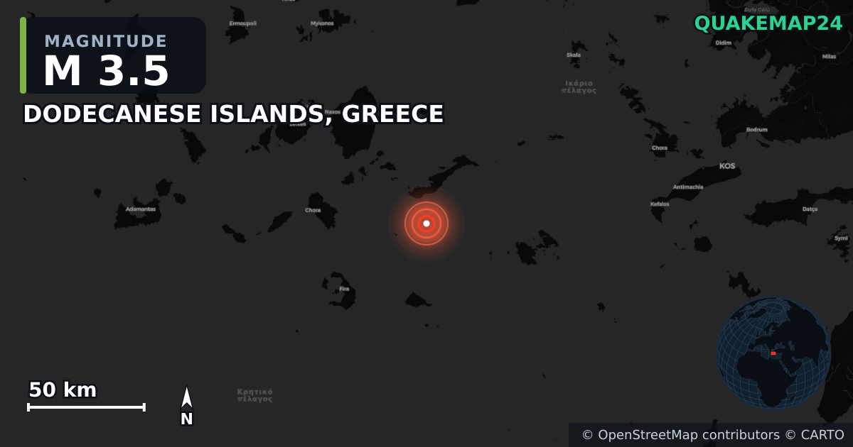 M3.5 earthquake near DODECANESE ISLANDS, GREECE on Apr 24, 2025 — map of epicenter and shaking intensity | QuakeMap24