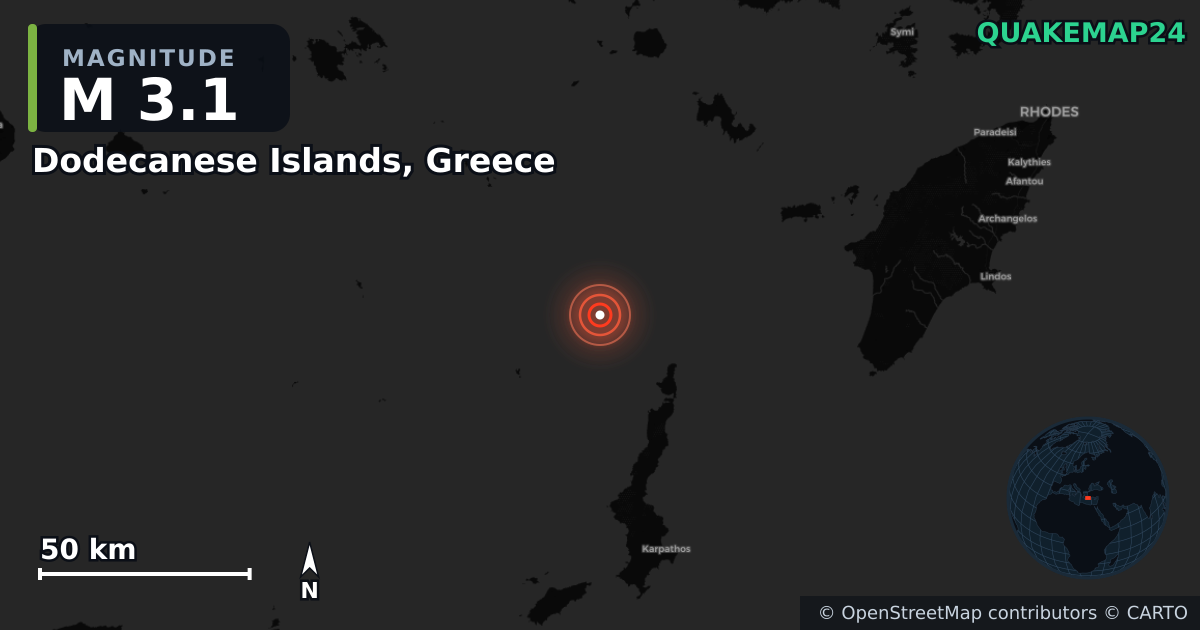 M3.1 earthquake near Dodecanese Islands, Greece on Aug 21, 2025 — map of epicenter and shaking intensity | QuakeMap24