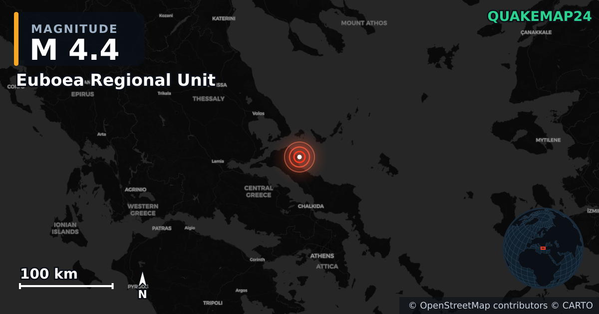 Erdbeben M4,4 bei Euboea Regional Unit, Central Greece (Griechenland) · 2026-09-18 — Karte der Lage des Epizentrums