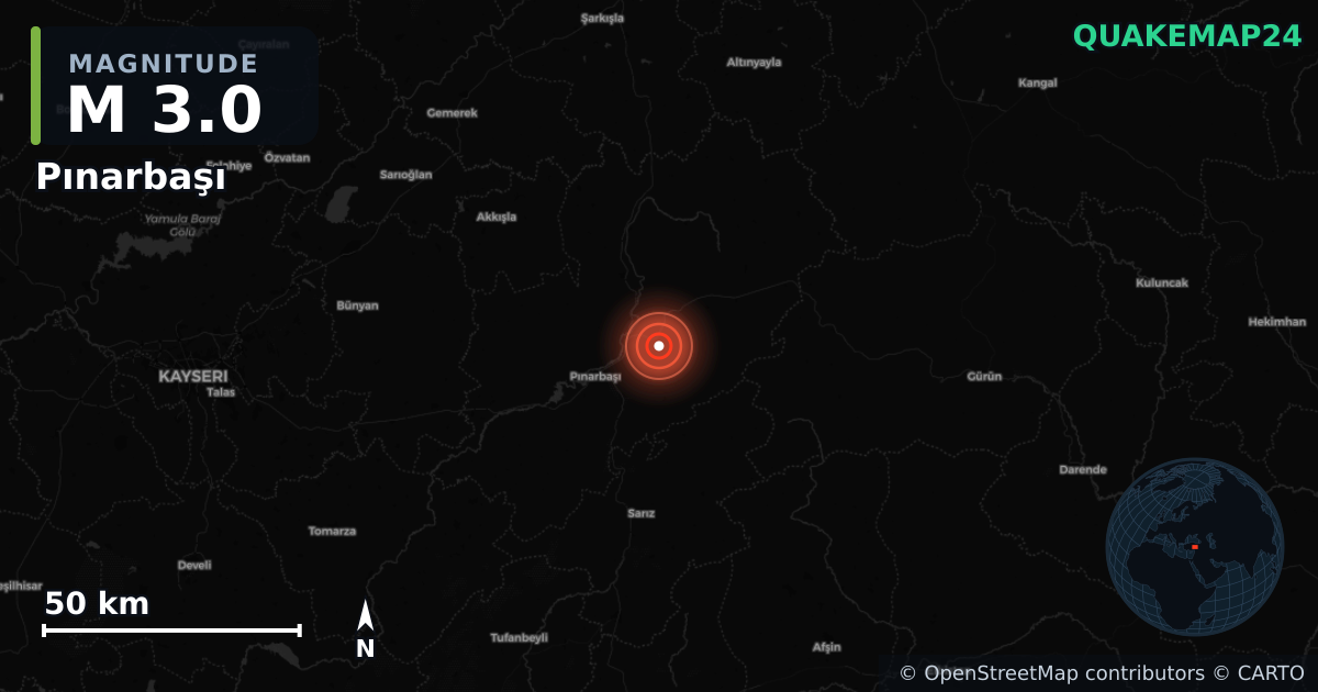 Sismo de M3,0 perto de Pınarbaşı, Kayseri (Turquia) · 2026-06-17 — Mapa da localização do epicentro