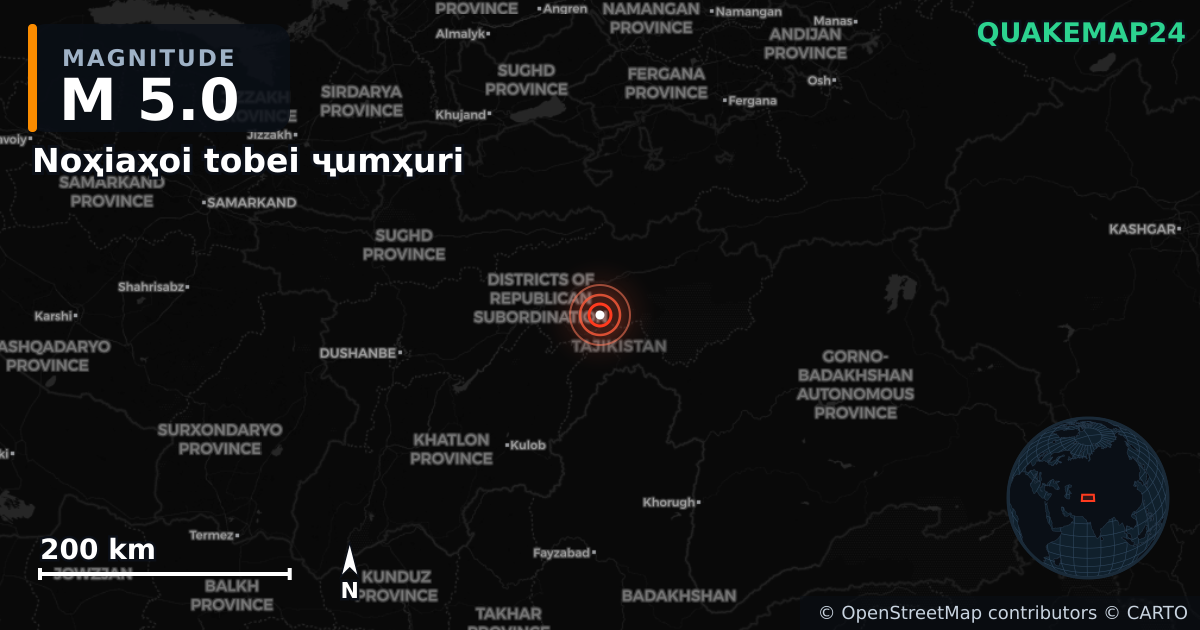 M5.0 earthquake near Noҳiaҳoi tobei ҷumҳuri on Dec 21, 2025 — map of epicenter and shaking intensity | QuakeMap24