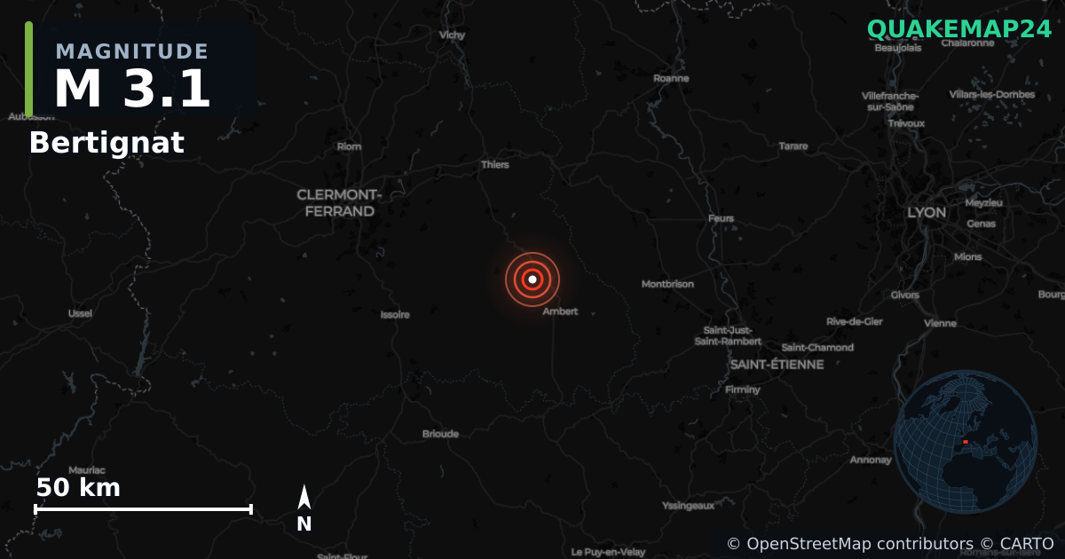 Sismo de M3,1 perto de Bertignat, Auvergne-Rhône-Alpes (França) · 2026-10-24 — Mapa da localização do epicentro