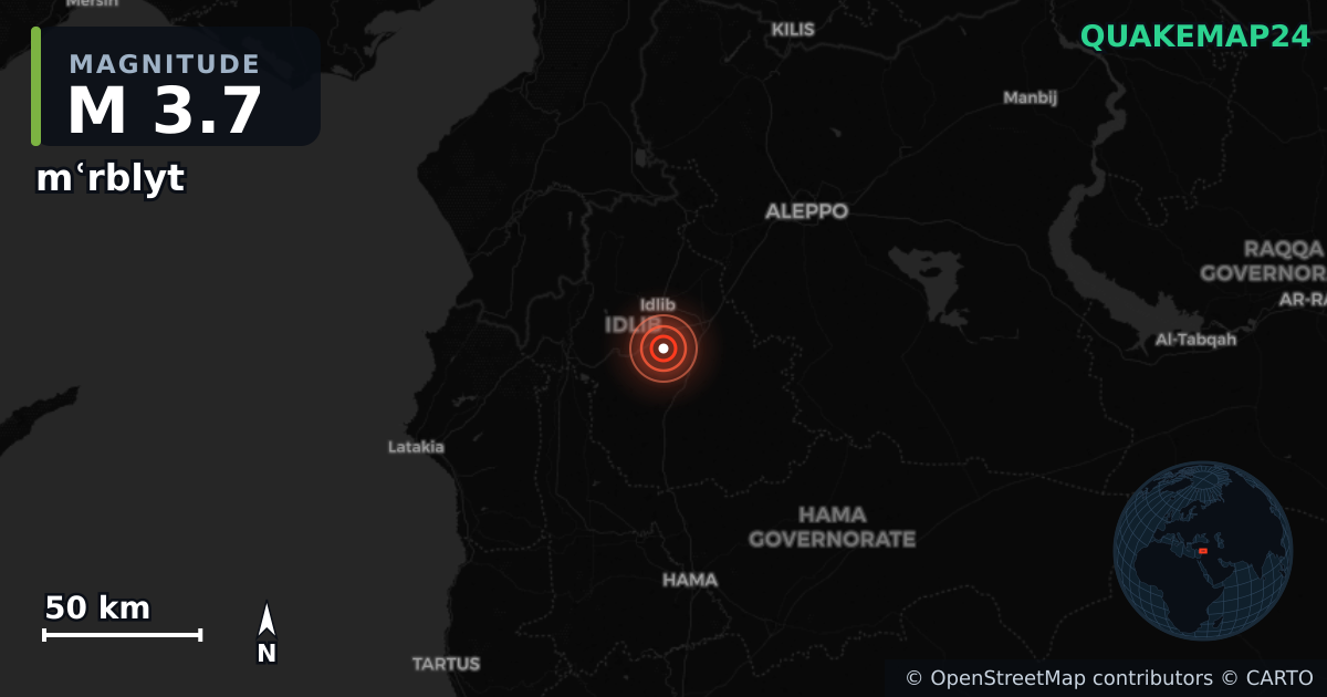 M3.7 earthquake near mʿrblyt on Nov 7, 2025 — map of epicenter and shaking intensity | QuakeMap24