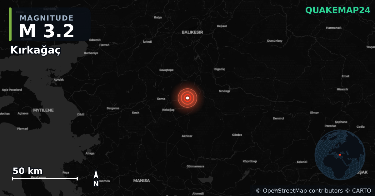 M3.2 earthquake near Kırkağaç on Aug 18, 2025 — map of epicenter and shaking intensity | QuakeMap24