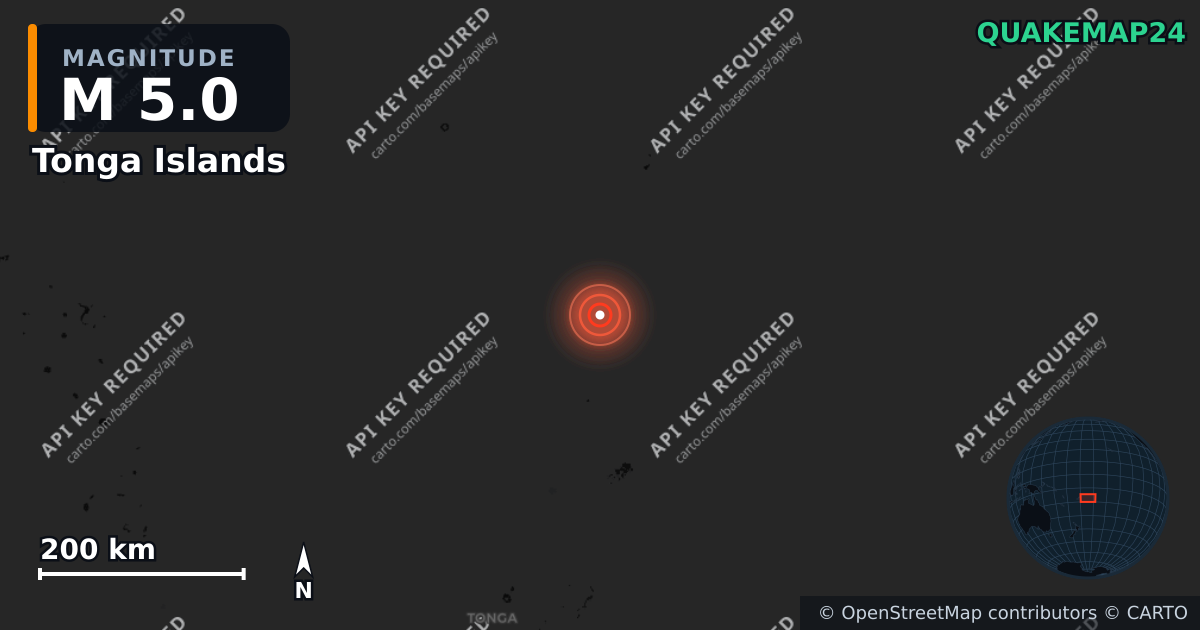 M5.0 earthquake near Tonga Islands on May 26, 2026 — map of epicenter and shaking intensity | QuakeMap24