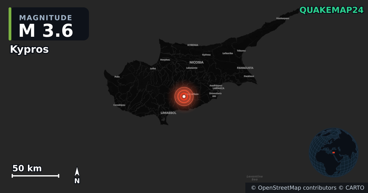 M3.6 earthquake near Kypros on Sep 6, 2025 — map of epicenter and shaking intensity | QuakeMap24
