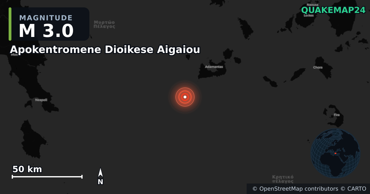 M3.0 earthquake near Apokentromene Dioikese Aigaiou on Dec 25, 2025 — map of epicenter and shaking intensity | QuakeMap24