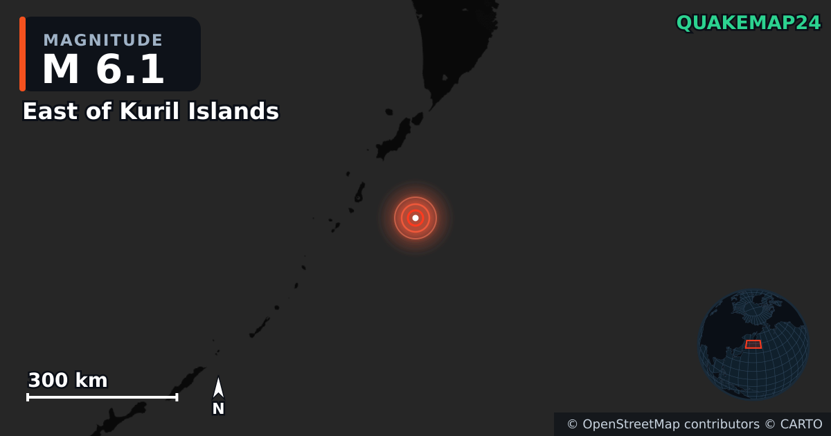 M6.1 earthquake near East of Kuril Islands on Jul 30, 2025 — map of epicenter and shaking intensity | QuakeMap24