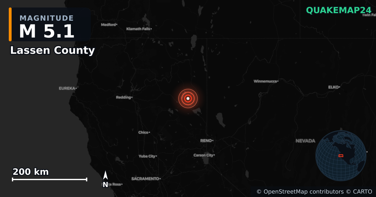M5.1 earthquake near Lassen County on Dec 31, 2025 — map of epicenter and shaking intensity | QuakeMap24