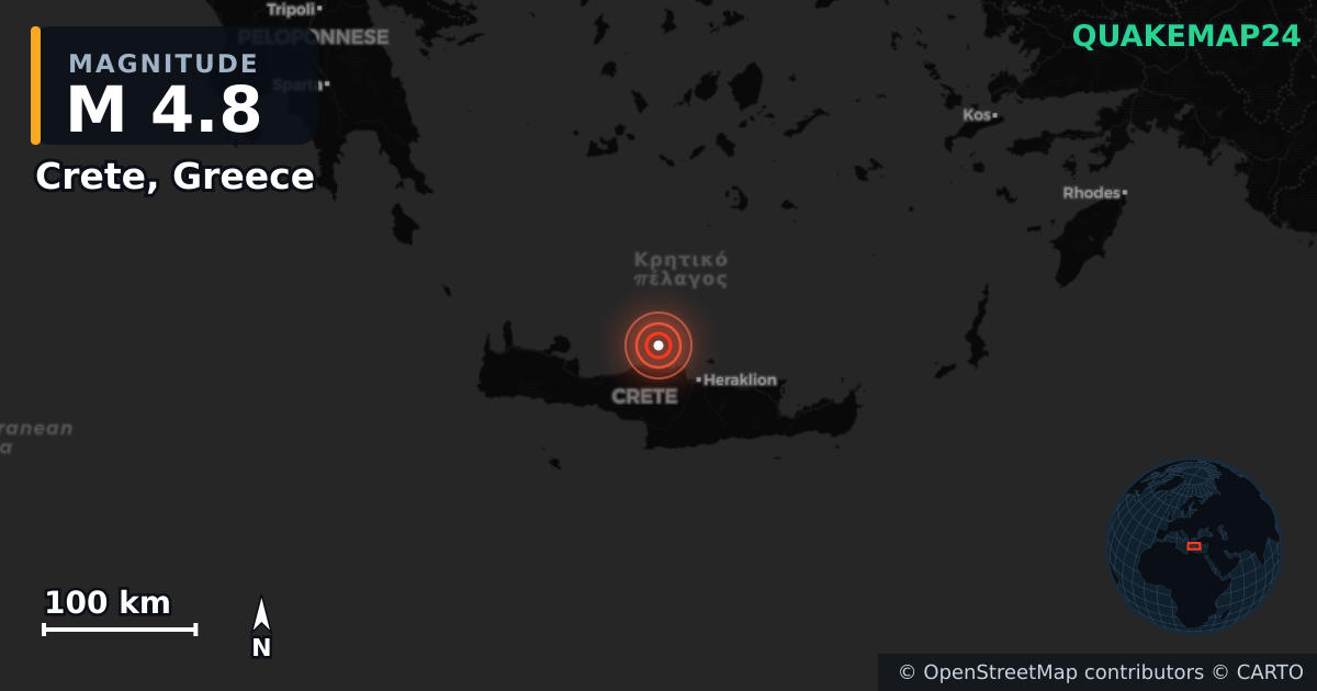 M4.8 earthquake near Crete, Greece on Nov 27, 2025 — map of epicenter and shaking intensity | QuakeMap24