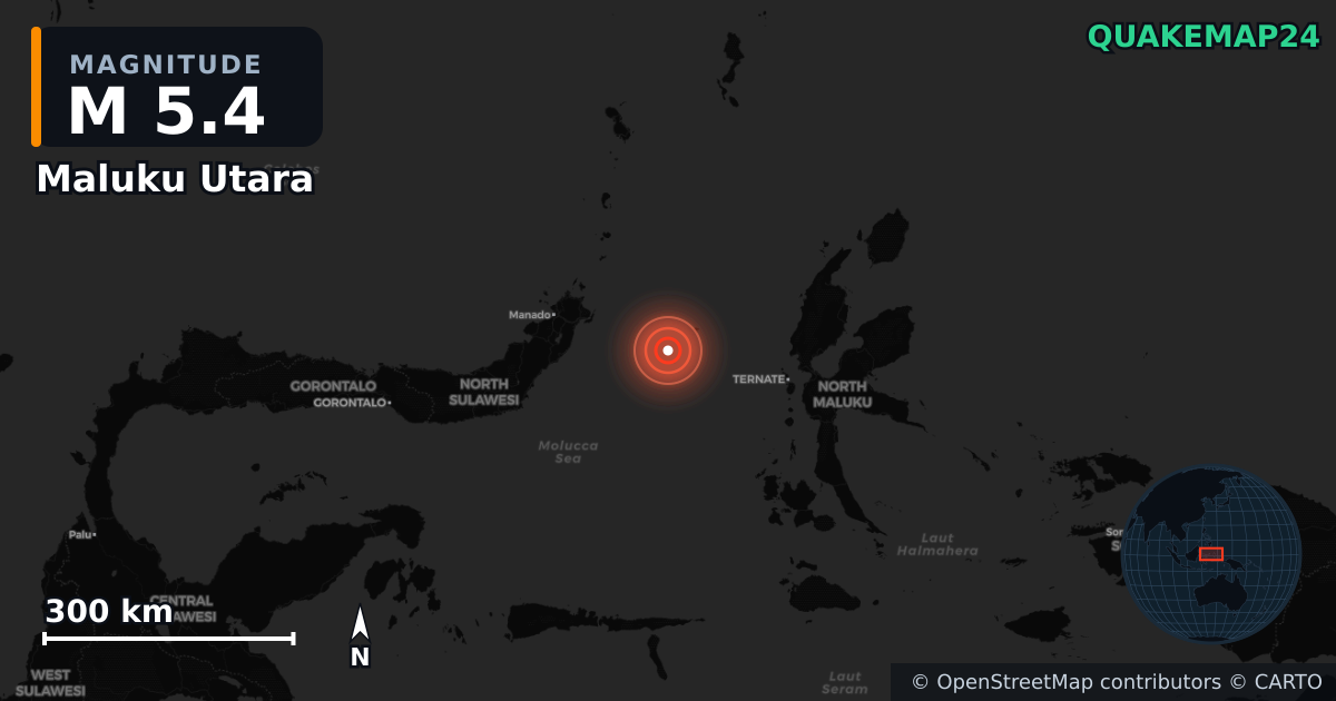 M5.4 earthquake near Maluku Utara on May 25, 2026 — map of epicenter and shaking intensity | QuakeMap24