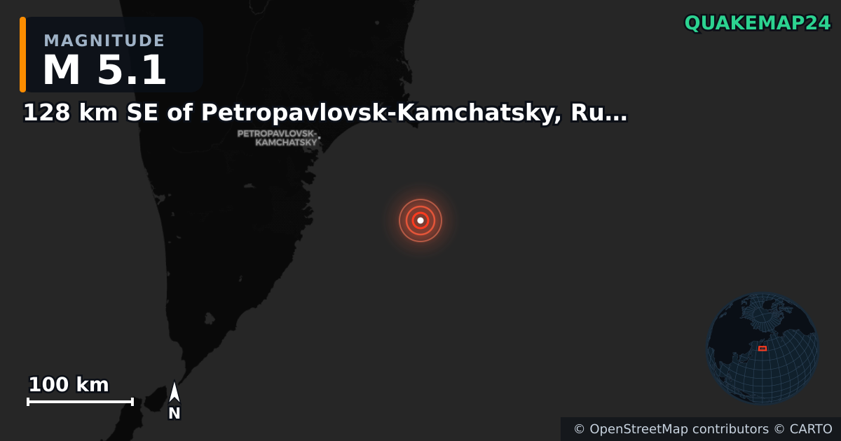 M5.1 earthquake near 128 km SE of Petropavlovsk-Kamchatsky, Russia on Nov 4, 2025 — map of epicenter and shaking intensity | QuakeMap24