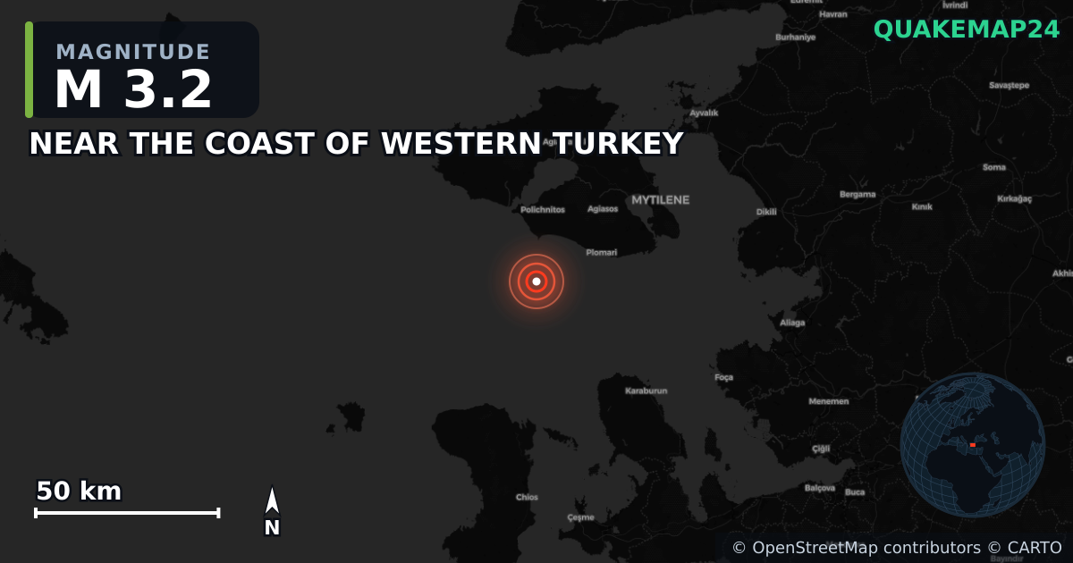 M3.2 earthquake near NEAR THE COAST OF WESTERN TURKEY on May 15, 2025 — map of epicenter and shaking intensity | QuakeMap24