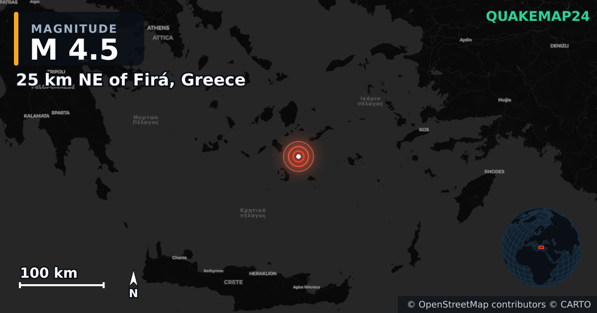 M4.5 earthquake near 25 km NE of Firá, Greece on Feb 4, 2025 — map of epicenter and shaking intensity | QuakeMap24