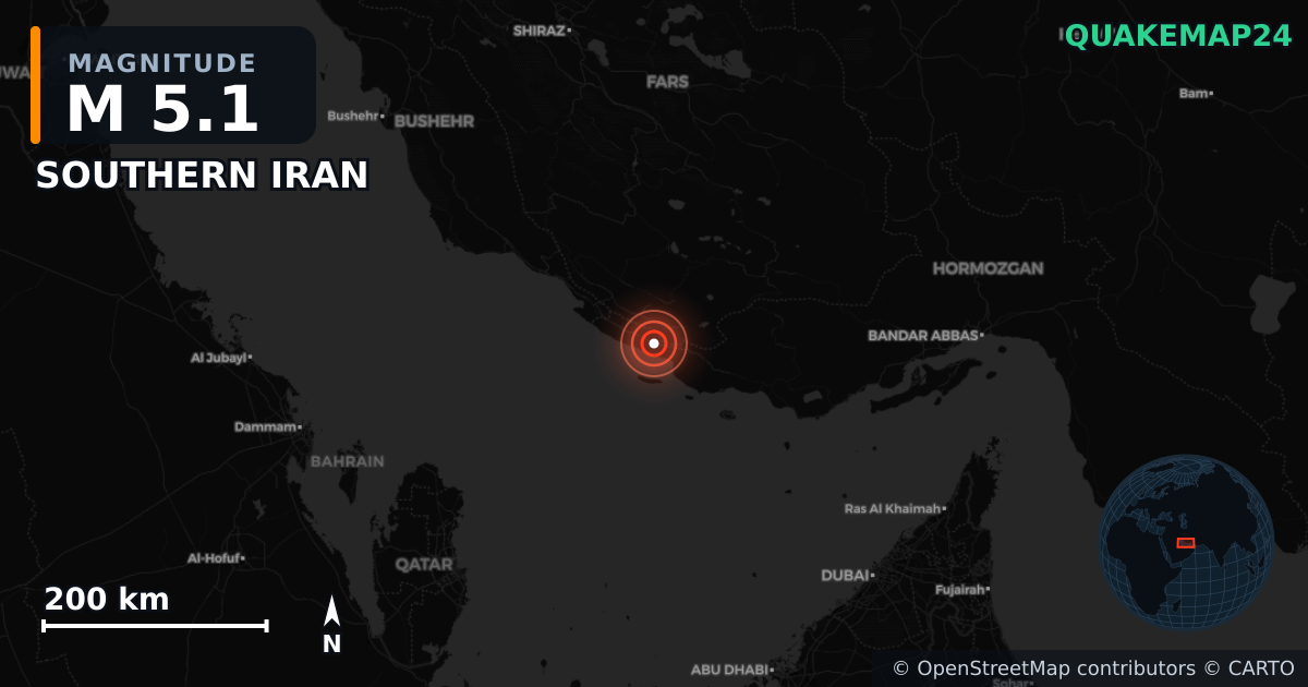M5.1 earthquake near SOUTHERN IRAN on Jan 23, 2026 — map of epicenter and shaking intensity | QuakeMap24
