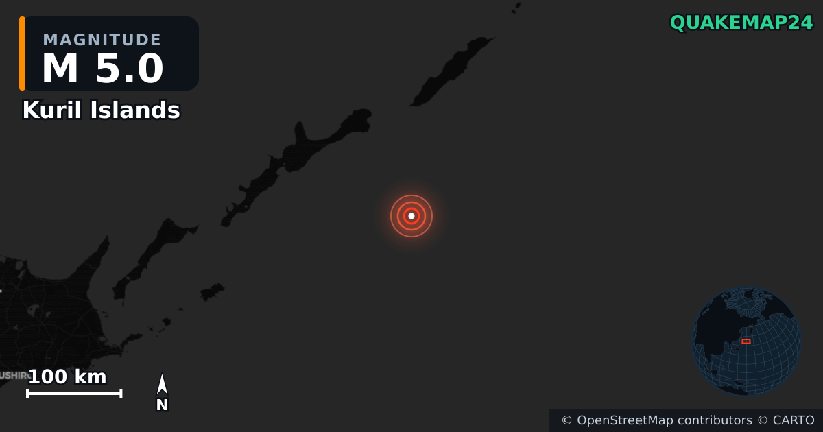 M5.0 earthquake near Kuril Islands on Jan 13, 2026 — map of epicenter and shaking intensity | QuakeMap24