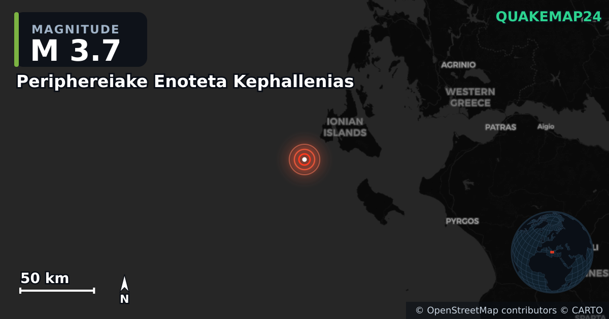 M3.7 earthquake near Periphereiake Enoteta Kephallenias on Jan 6, 2026 — map of epicenter and shaking intensity | QuakeMap24
