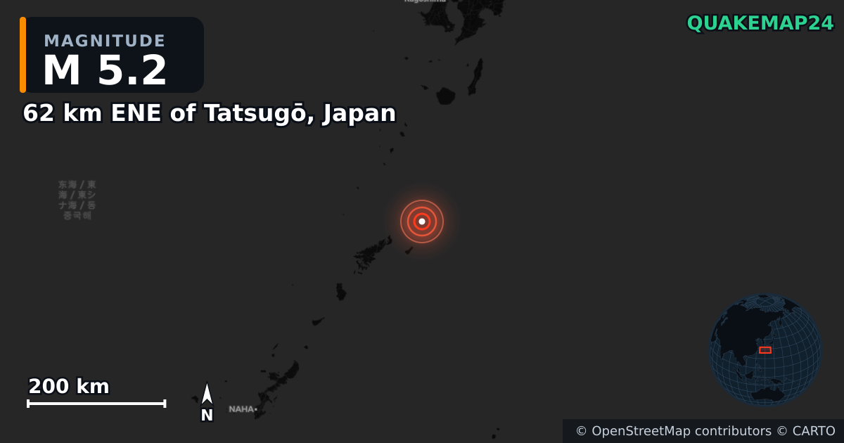 M5.2 earthquake near 62 km ENE of Tatsugō, Japan on Mar 9, 2025 — map of epicenter and shaking intensity | QuakeMap24