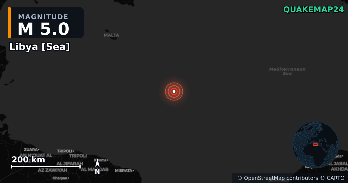 Libya [Sea] yakınında M5,0 deprem — Deprem merkez üssünün konumunu gösteren harita